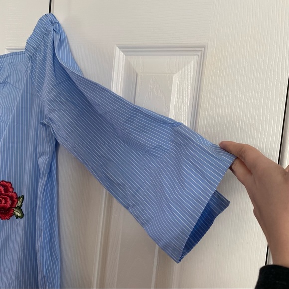 Zara Woman Off Shoulder Pinstripe Embroidered Floral Dress Tunic Medium Blue Red - Picture 5 of 14